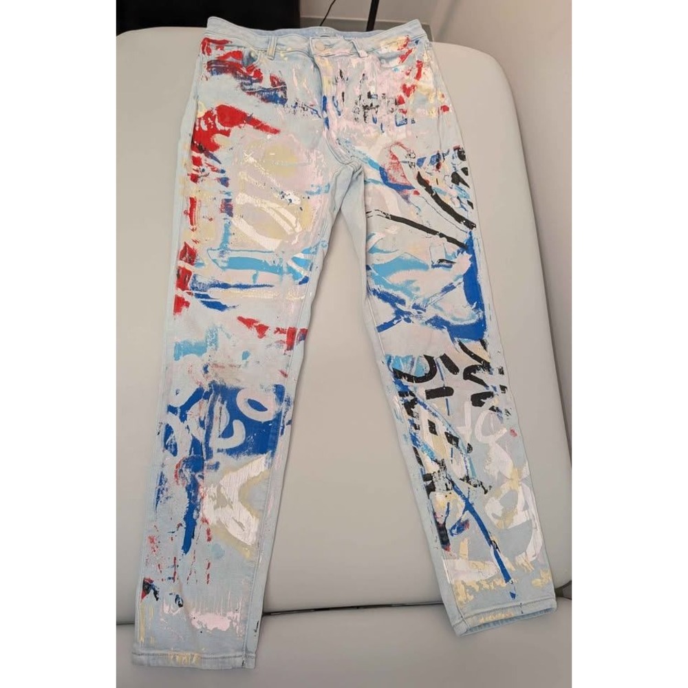 SoHo High Waist Boyfriend Jeans Painted Abstract Art Denim Size 10 - Picture 2 of 7